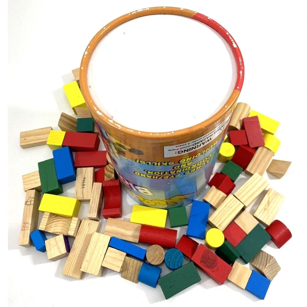 Wooden Building Blocks Set of 100 Various Colors and Shapes and Storage Canister